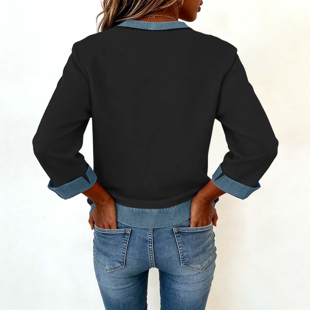Women Denim Collar Patchwork Stitching Sweatshirt Casual  Pullover Long Sleeve Shirts
