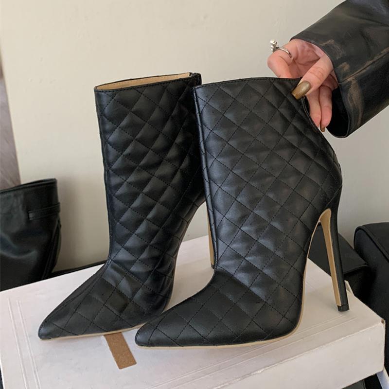 Fashion Liyke Autumn Winter Shoes Women Handmade Sewing Lattice Leather Ankle Boots Sexy Pointed Toe Party Prom High Heels Black White