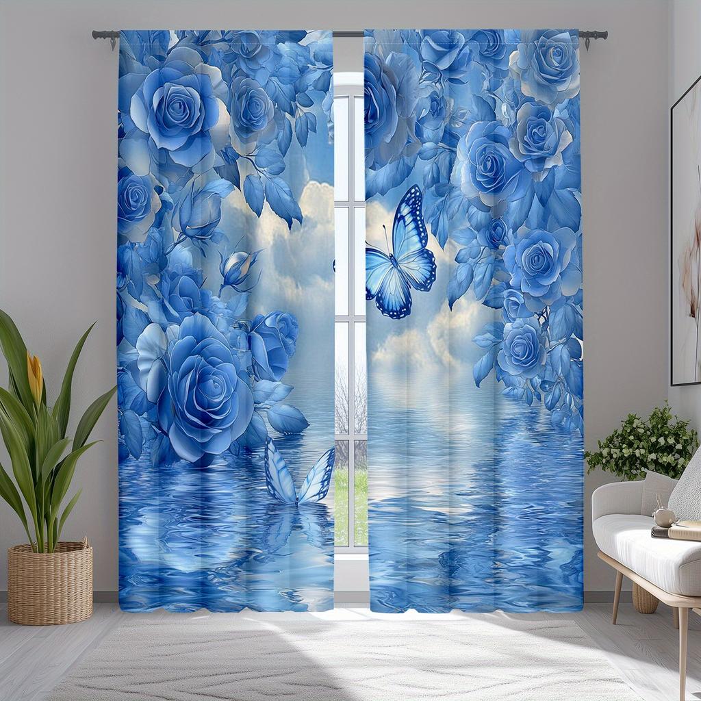 2 Stück Blaue Rose Blumenvorhänge, Schmetterlingsdruck & Rustikaler Bauernhofstil Traumhafte Schlafzimmer Vorhänge