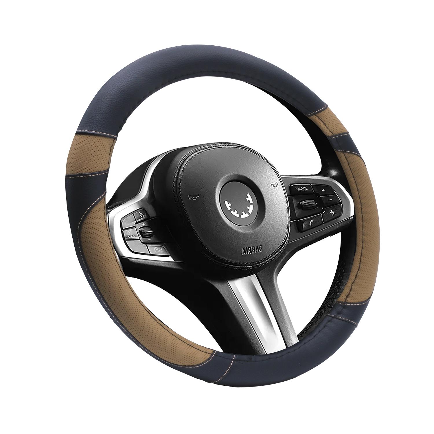 

Car Steering Wheel Cover Patterned Beige Detailed Artificial Leather Black Color TEQ-013BK/BE