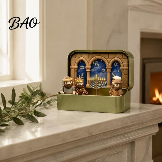 Retro Iron Box Display Hanukkah Miniature Diorama Scene Box, 3D Printed Pocket Figurine Set with Portable Festival Storage Case, Menorah Micro