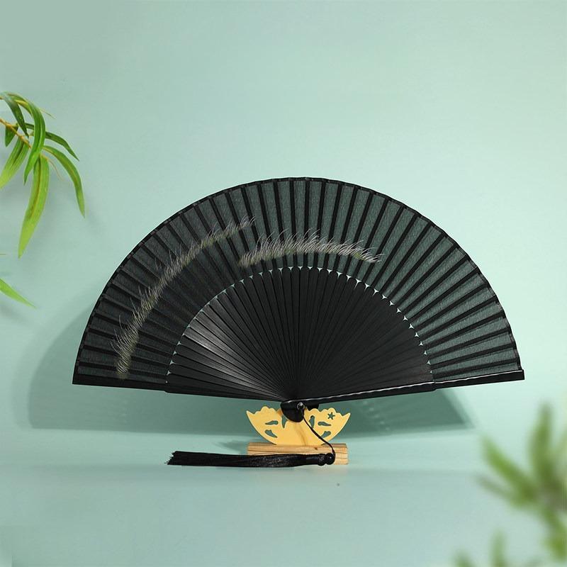 Chinese Style Bamboo Folding Hand Fan Feather Print Handheld Fan for Dance Photo Home Decor Gift