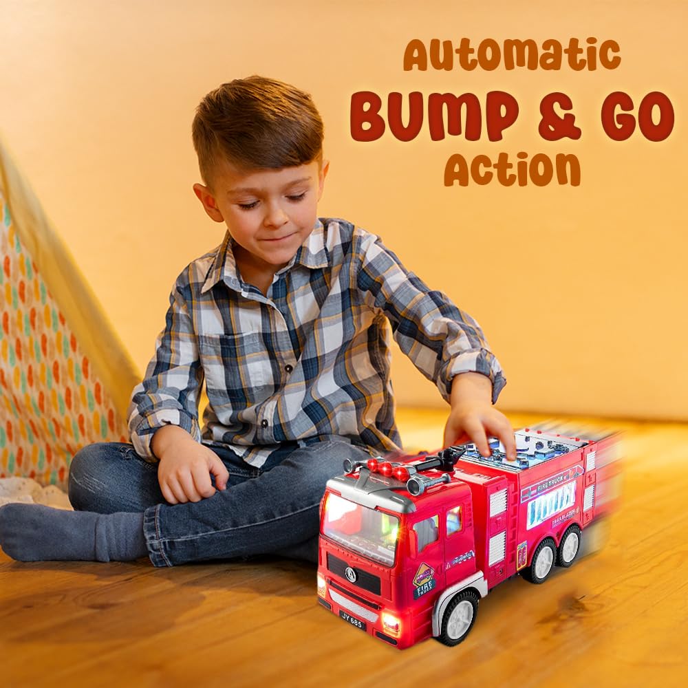 Zetz Brands Electric Fire Truck Toy for Kids - Bright Flashing 4D Lights and Realistic Siren with Sounds  Bump and Go Fire Truck for Boys  Auto
