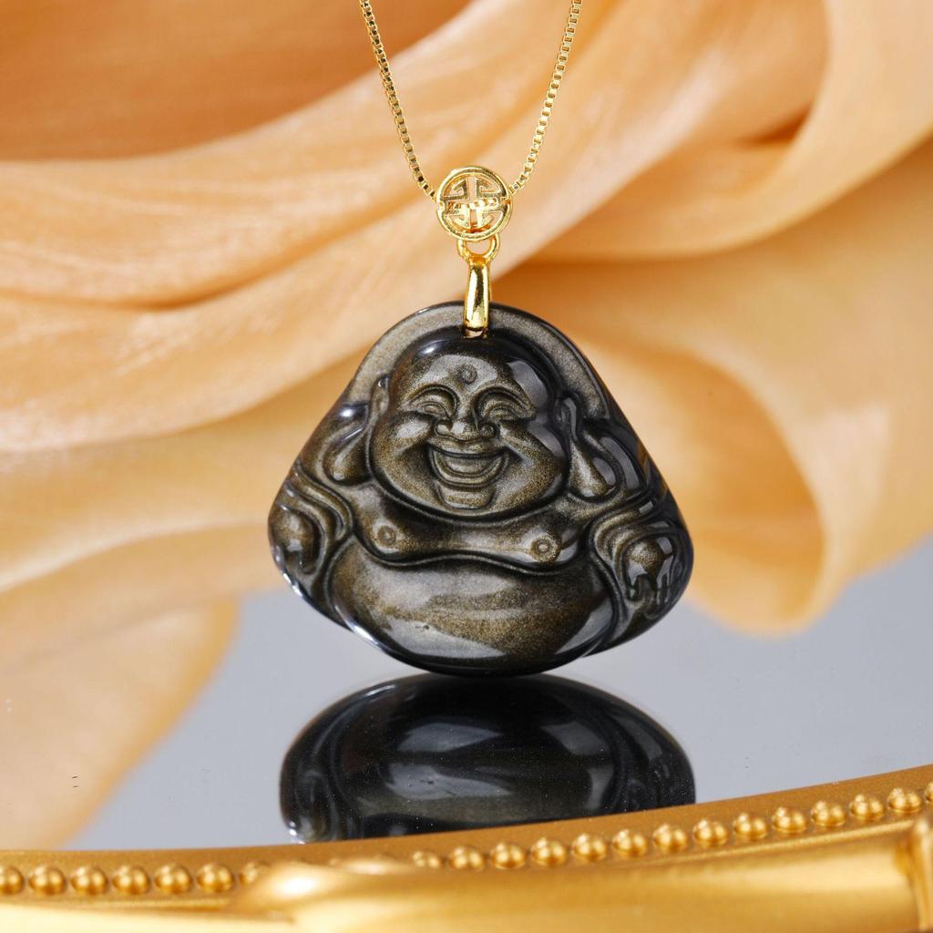 Exquisite Natural Gold Obsidian Laughing Buddha Pendant Amulet Necklace with Clavicle Chain.
