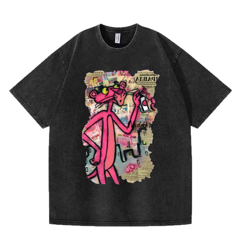 Pink Distressed Cartoon Punk Style Cotton T-Shirt