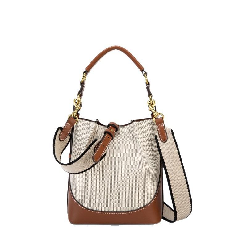 Women's Bag 2026 New Fashi Brown Drawstring Portable Crossbody Wide Shoulder Strap Drawstring Bucket Bag for Women