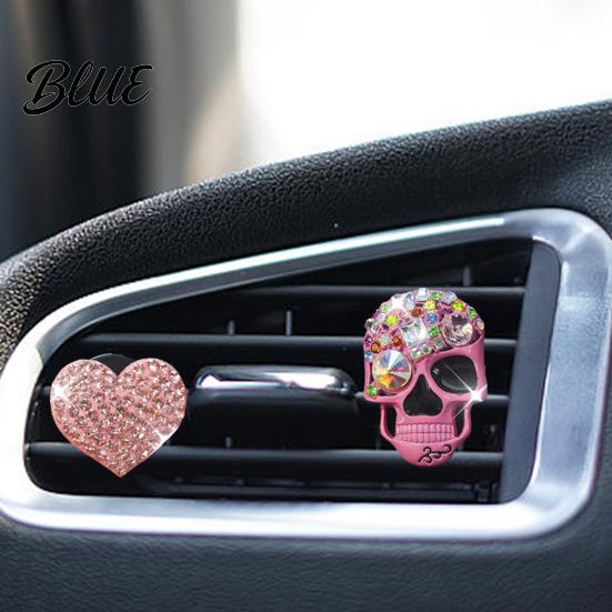 Totenkopf Herz Auto Dekoration 2 Stück Bling Lüftungsschlitz Clips Strass Glänzend Duft Diffusor Armaturenbrett Zierleiste Clip Lustiger Kopf Auto Innenraum Ornament Halloween