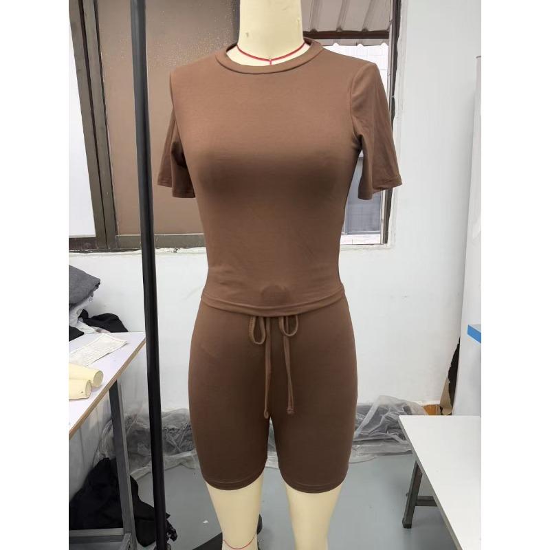 Women Solid Short Sleeve Round Neck T Shirt And Shorts Casual Two Piece Set