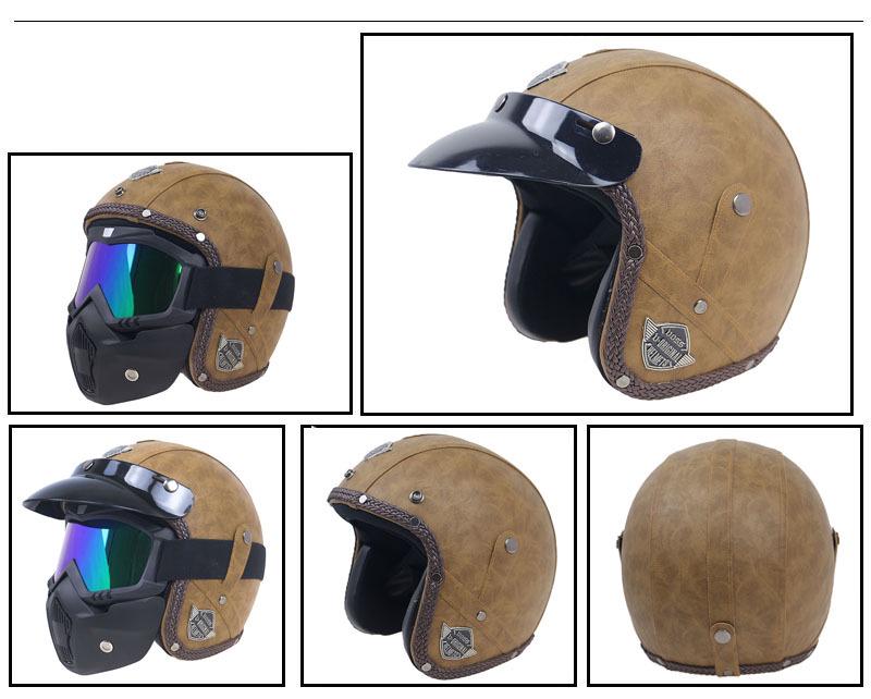 Retro Leather Motorcycle Half Helmet with Visor