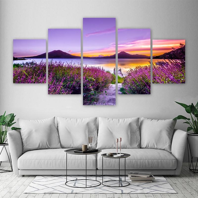 5 Panels Nature Landscape Posters Canvas Painting Mountain Pictures Flowers Wall Art For Living Room Modern Home Decor No Frame