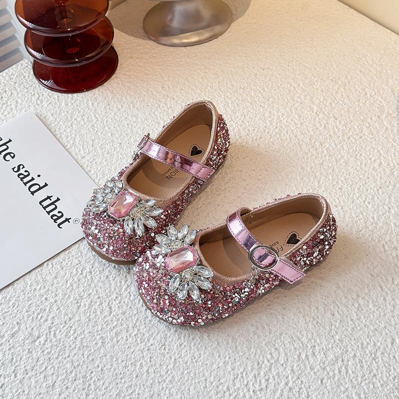Kids Pink Rhinestone Crystal Decor Mary Jane Flat Shoes 23 розовый