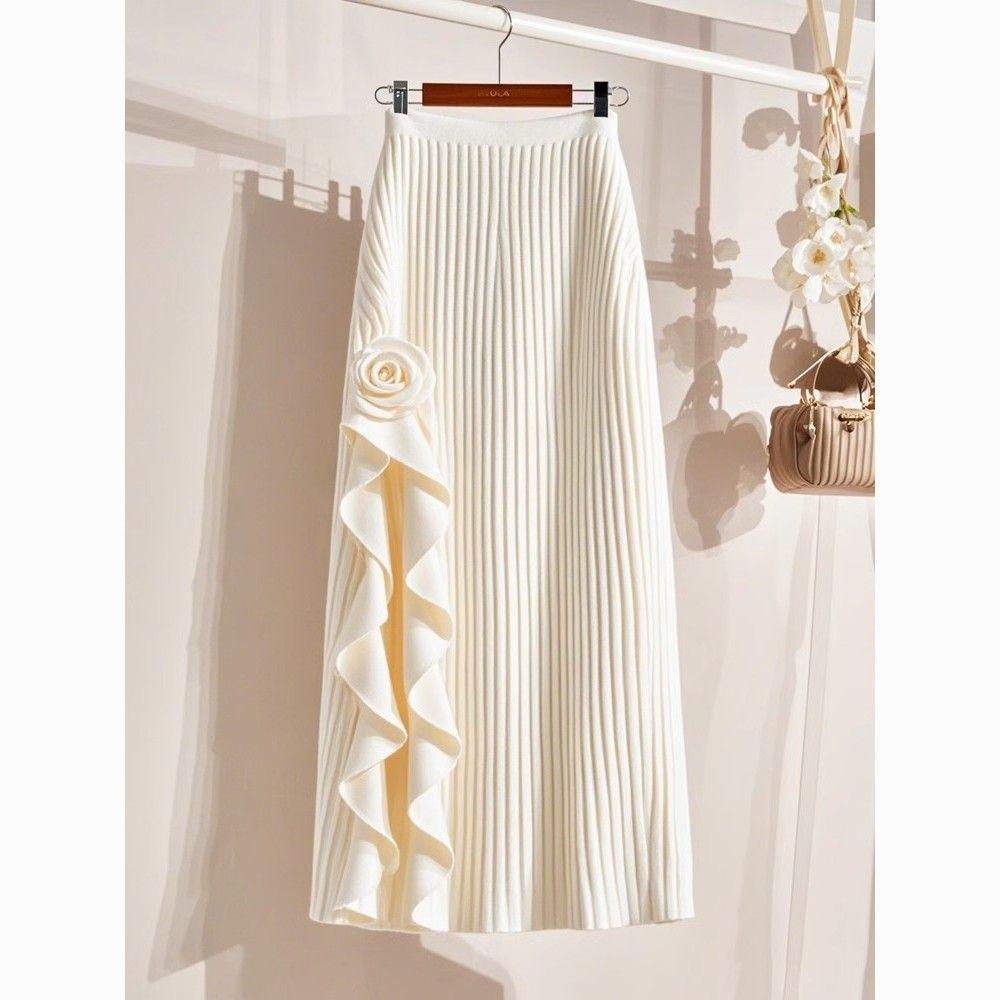 

Korean Rose Pattern Asymmetric A-Line Skirt Women Spring Autumn High Waist Slimming Soft Sexy Midi Skirt 3XL білий