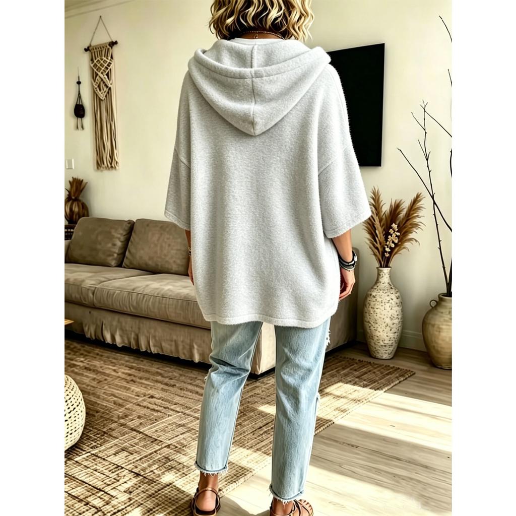 Women's Loose Seven Quarter Sleeves, Hooded Drawstring T-shirt, Batsleeved Top, Outerwear