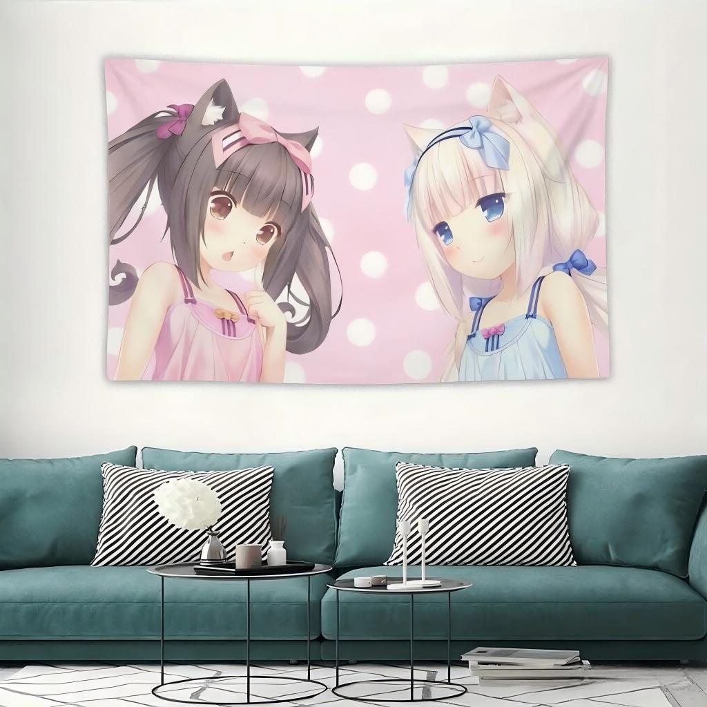 1pc Nekopara Chocola & Vanilla Anime Tapestry, Cute Cat Girls Wall Hanging, Pastel Pink Blue Aesthetic Decor for Bedroom Dorm