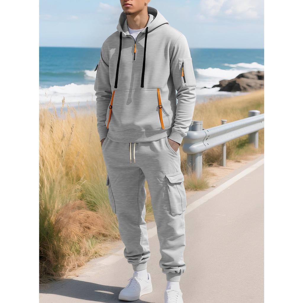 New, Autumn/Winter, Men's, Velvet Hoodie, Fashion, Hoodie, Zipper, Multi Pocket, Work Pants Set