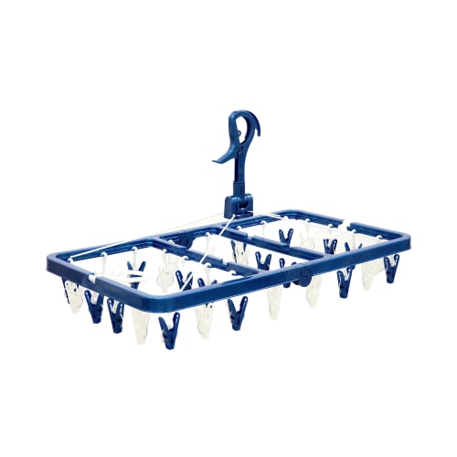 Towa Sangyo Laundry Drying Rack with LST Side Hooks, 32 Pinch Clothes Hangers, Blue, Anti-Tilt, Double Hooks, Large, Approx. 33cm Wide X 60cm Deep X 3