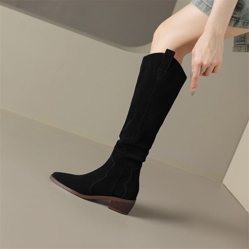 Módní nové kozačky nad koleno Dámské podzimní zimní boty Hovězí semiš Špičatá špička Dámské boty Robustní podpatek Boty pro ženy Vysoké boty Ručně vyráběné