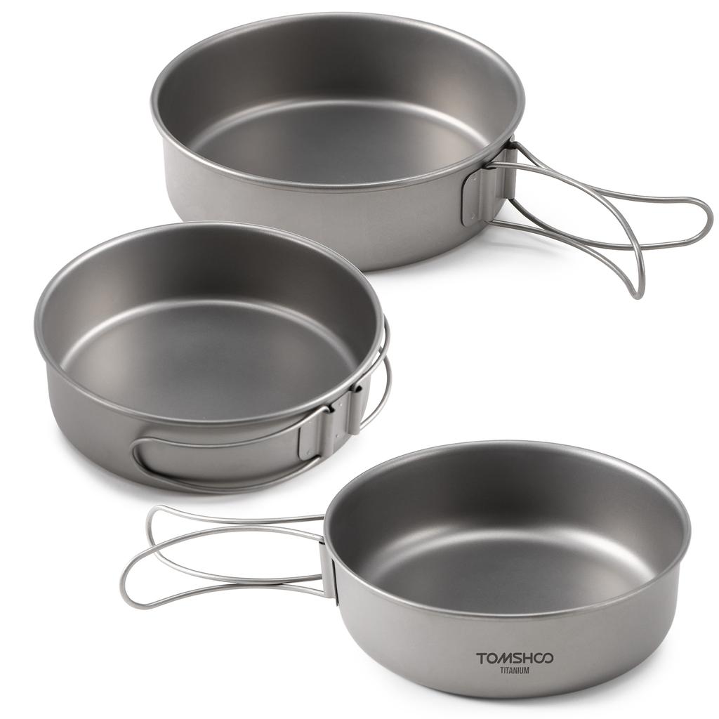 TOMSHOO 3pcs Titanium Bowls Set Ultralight Titanium Dinner Bowl Pan with Foldable Handles for