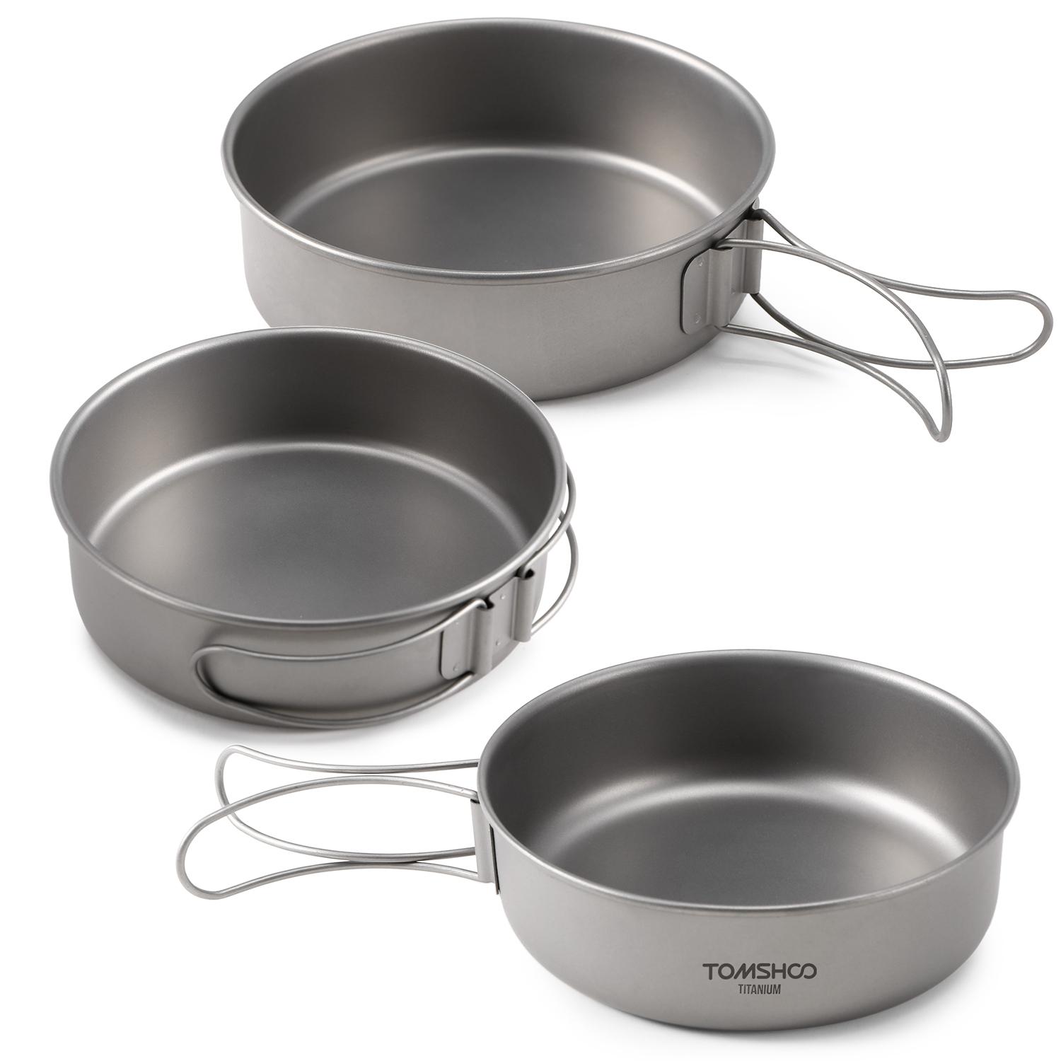 Bowl TOMSHOO Titanium Bowls Set  Titanium Dinner Bowl Pan with Foldable Handles for Outdoor Camping Hiking Picnic