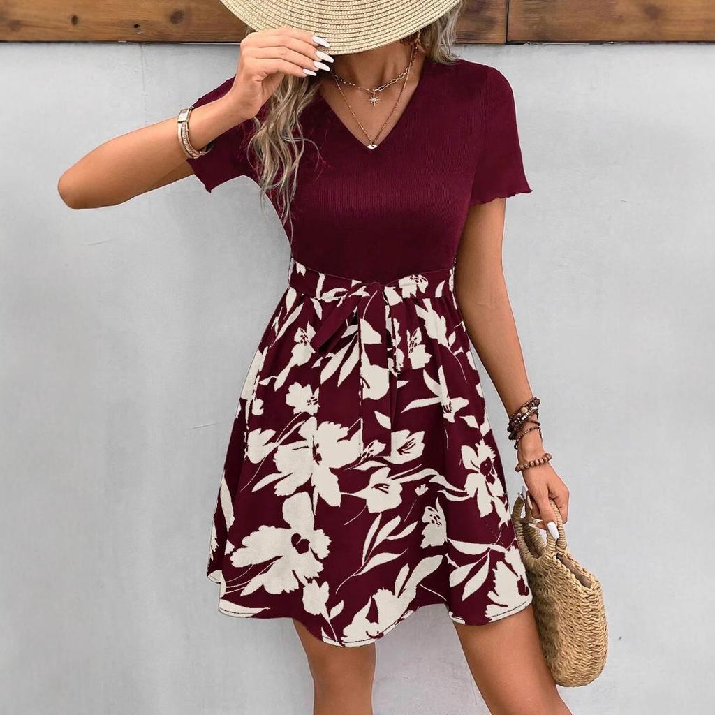 2025 Sommer Damen Strick Patchwork Blume Bedrucktes Bodycon Mini Kleid Mode Böhmische Kleider Weiblich Elegant Slim Partykleid