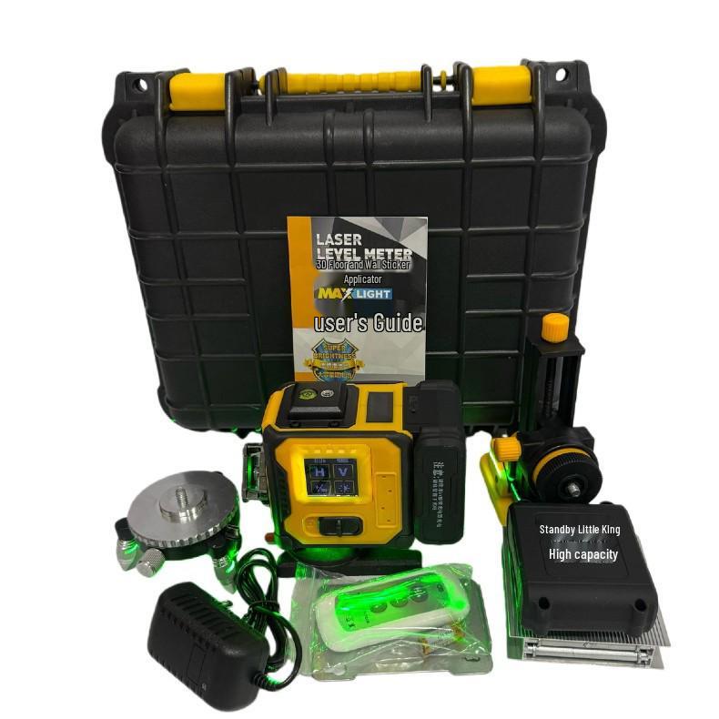 Green Light Laser Level with 12/16 Lines, Rubber-Coated & Drop-Resistant for Decoration and Processing