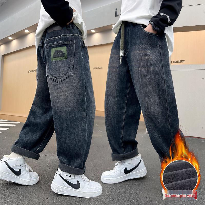 Chlapecké zateplené zimní džíny s fleecovou podšívkou - Teplé bavlněné kalhoty pro střední a velké děti (Kolekce 2025)