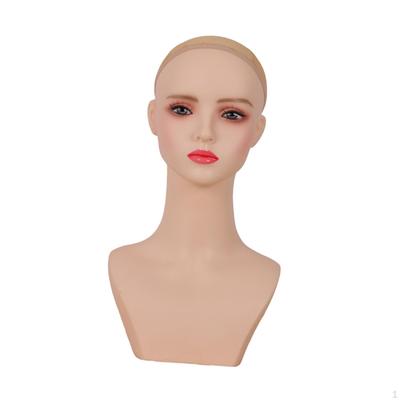 Female Mannequin Head Doll with Makeup Shoulder Wig Display Stand for Scarf, Hairpieces,