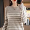 Women's Designer Striped Wool Knit Sweater - Contrasting Colors, Round Neck