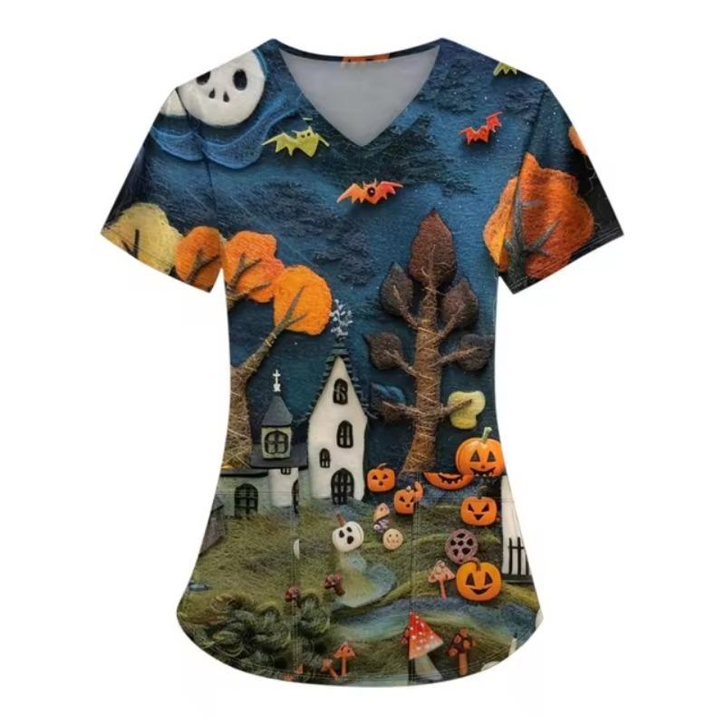 V-образный вырез рабочая больничная форма Хэллоуин хирургическая рубашка принт плюс — фото 3