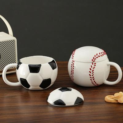 Sports Theme Coffee Mug with Lid Football Baseball Ceramic Cup Black White Plaid Red Stitching Spill-Proof Microwave Safe Tea Cup