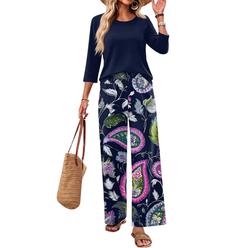 Women's Casual Loose Fit Two Piece Set Round Neck Three Quarter Sleeve Top and Wide Leg Printed Pants Lounge Outfit