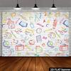 2D plane returning to school background hand-drawn pencil book white brick wall photography background first day