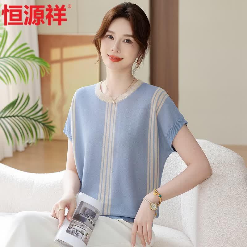 Hengyuanxiang Women s Striped Knit Short-Sleeve T-Shirt 3XL