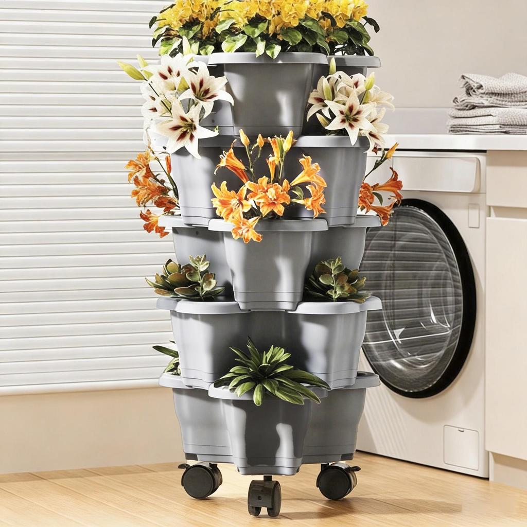 Torre Fiorita a 6 Piani con Ruote Vasi Resistenti alle Intemperie Torre Fioriera Verticale Impilabile per Interni Esterni Casa Giardino Patio Fioriera Rialzata