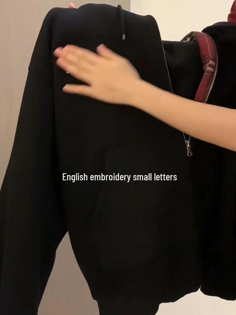 Women's Black Plaid Fleece-Lined Hooded Zip-Up Sweatshirt - Unique Design for Bestie Couples