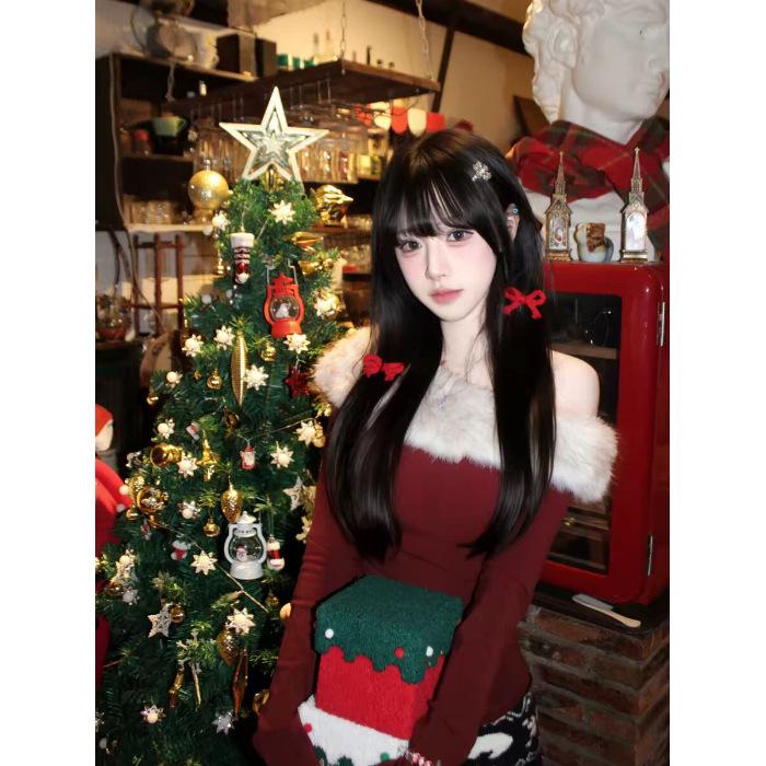 

Women s Christmas Red One-Shoulder Fur Collar Slim Fit Long Sleeve Top X-Large красный