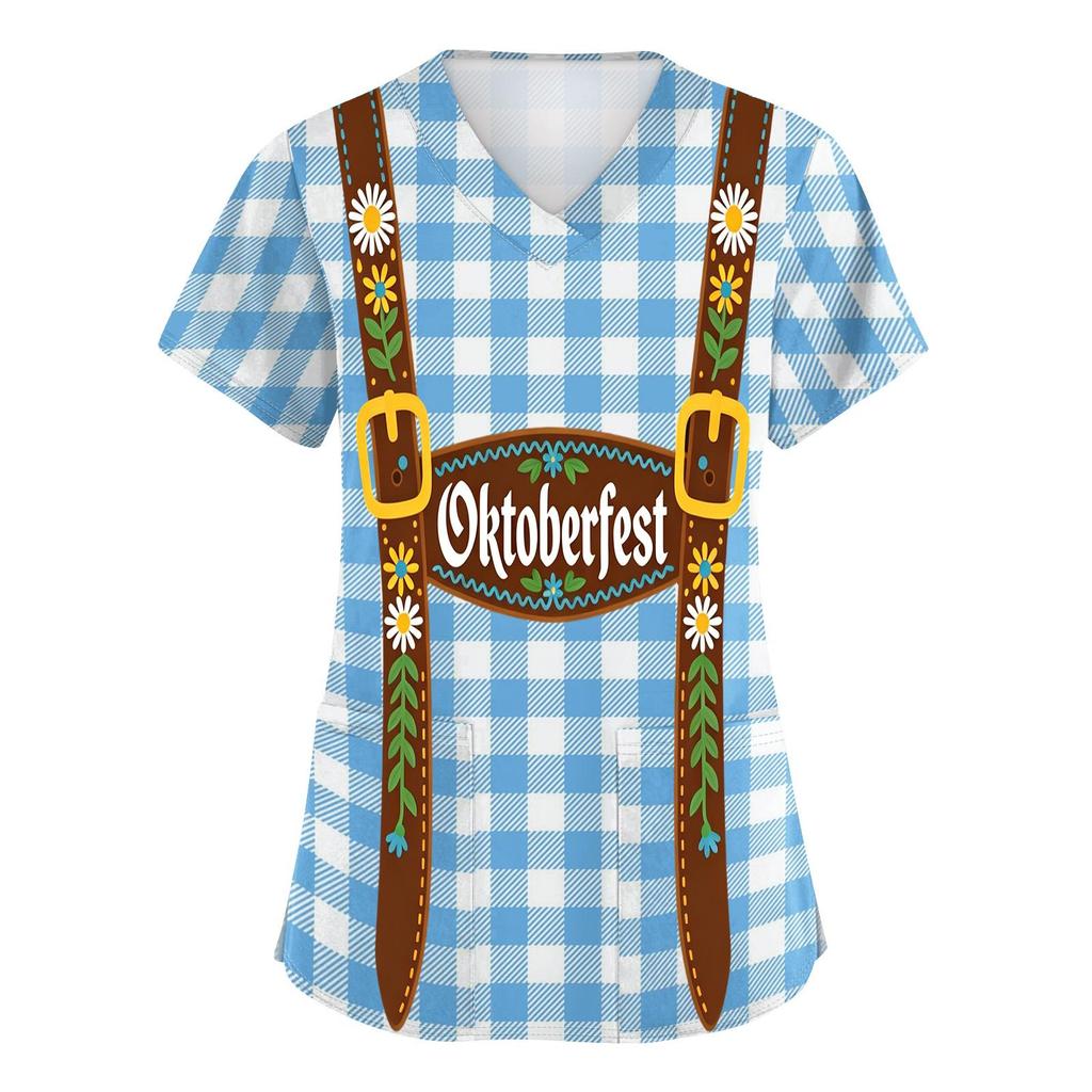 Damskjorta med V-ringning och korta ärmar, med fickor, Oktoberfest-tryck, medicinsk arbetsklädsel, bekväm passform, lätt tyg