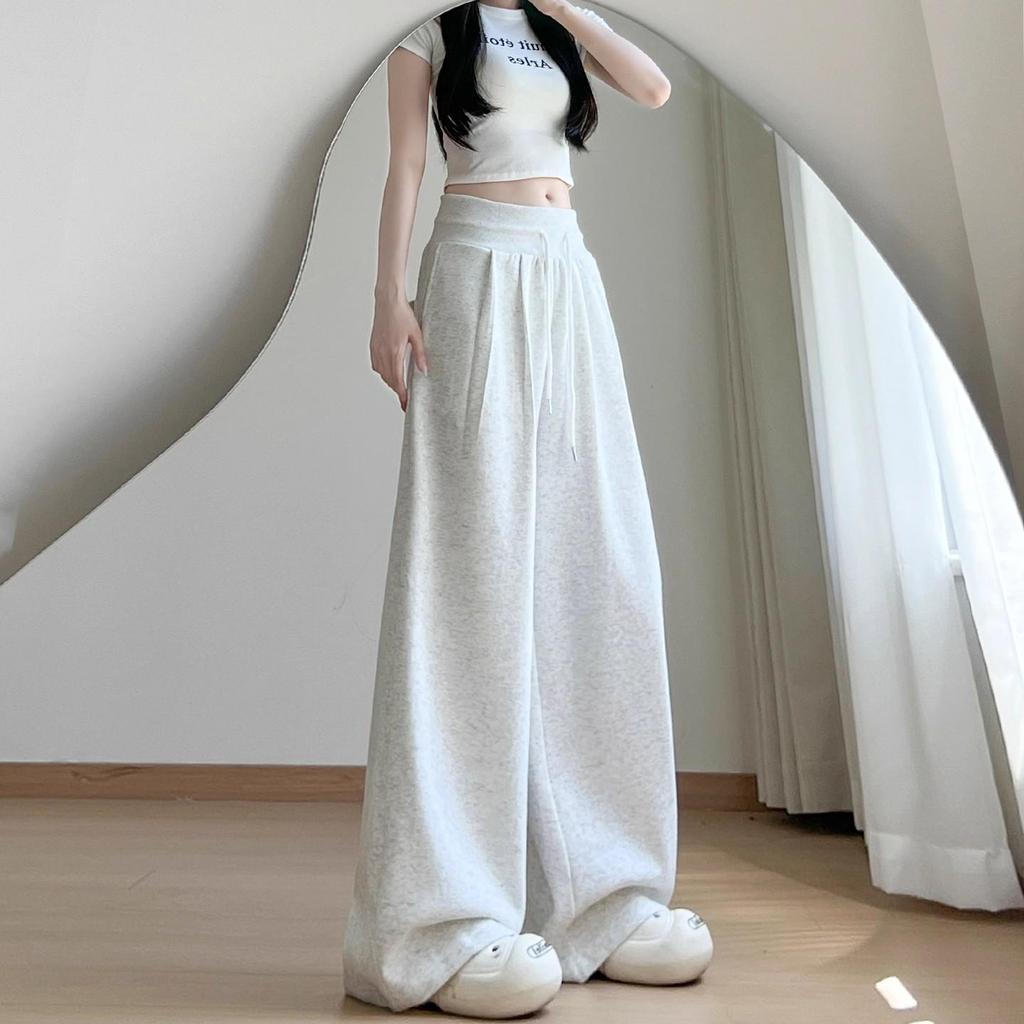 Women's White-Gray Low-Waist Wide-Leg Sweatpants - Petite, Casual, Autumn Drape