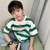 Boys Green White Striped Short Sleeve T-Shirt Letter Print Crew Neck Loose Fit Kids Casual Tee