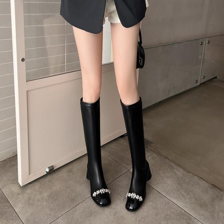 Luxury Rhinestone Boots 2025 New Autumn and Winter Thick Heel Korean Version Celebrity Skinny Wear Elastic Skinny Boots