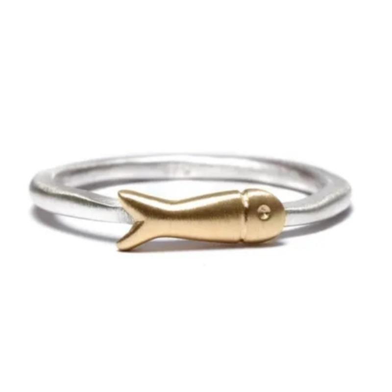 Minimalistischer handgeschnitzter Fisch Damenring Retro Zweifarbiges Metall Geometrie Tägliches Tragen Party Schmuck Jahrestag Geschenk