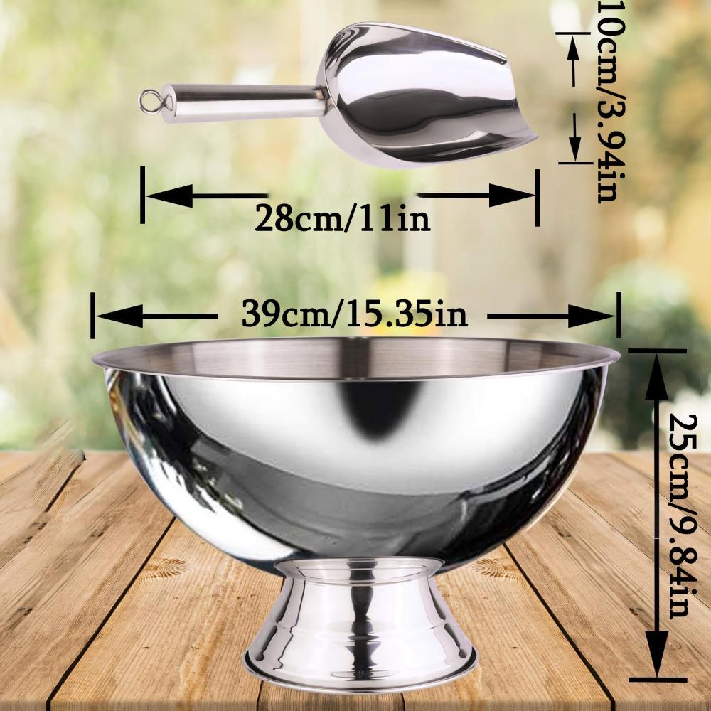 Large Ice Bucket 13L Stainless Steel Champagne Bowl Ice Bucket with Ice Scoop Semicircle Drink Tub with Integrated Base Silver Beverage Tub
