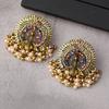 European and American Fashion Retro Peacock Tail Tassel Earrings with Diamond and Pearl Inlay, Ethnic Style Alloy Earrings for Women