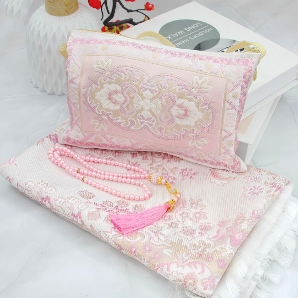 Portable Foldable Prayer Rug Non-slip Soft Islamic Prayer Mat with Prayer Beads and Storage Bag Washable Worship Blanket
