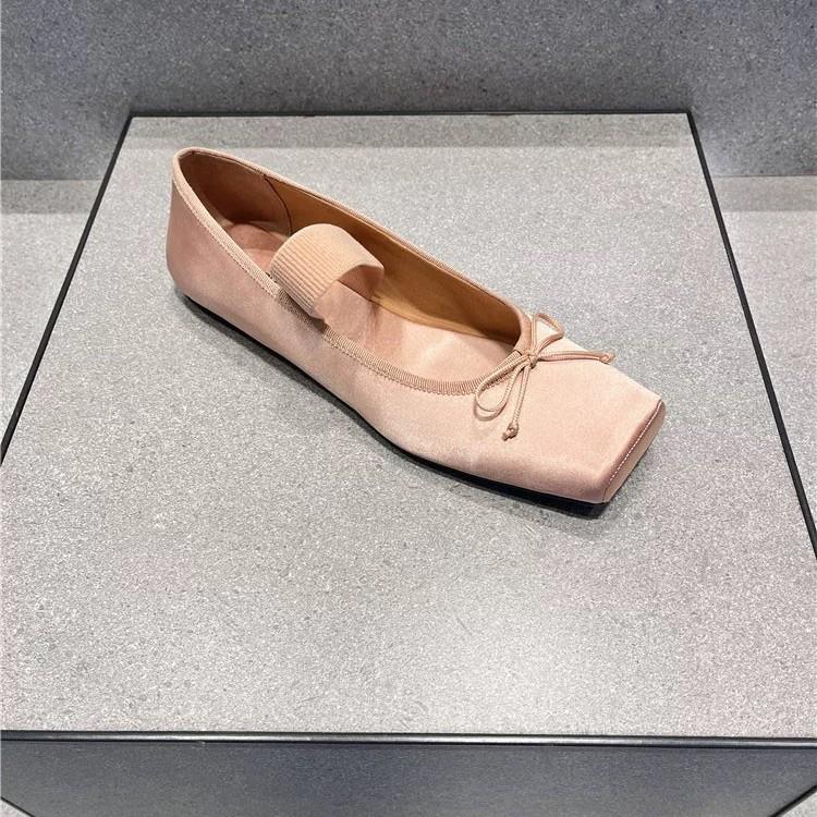 Sheepskin French Retro Square Head Flat Shoes Ballet Single Shoes Women's Word with Bow Light Mouth Mary Jane Shoes