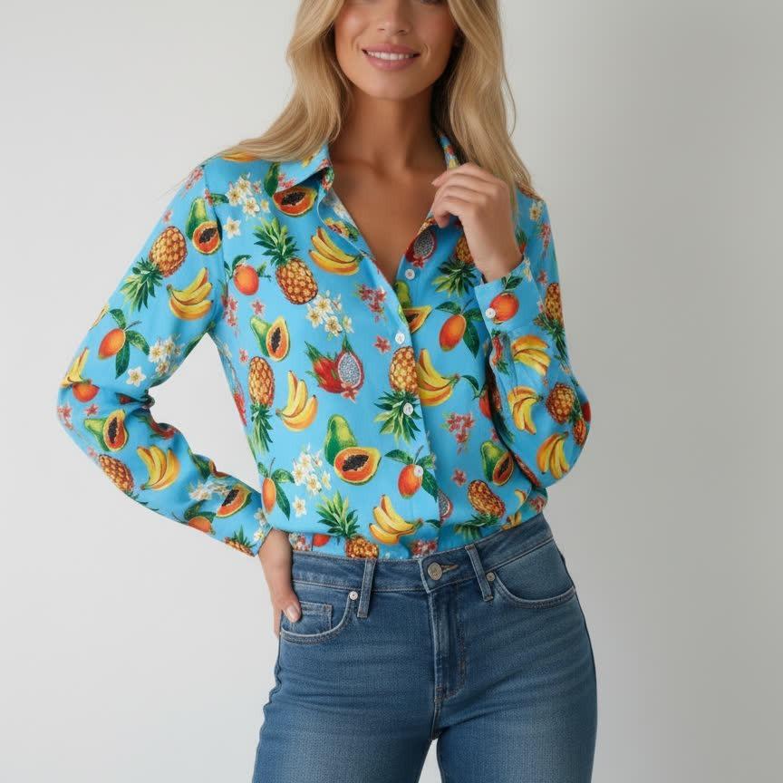 2026 Stylish Blue Floral Print Women s Loose Fit Shirt M