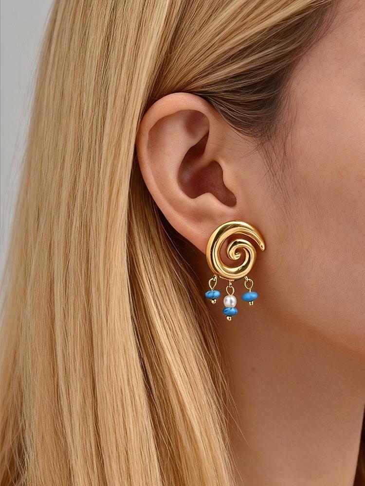 Exquisite Stainless Steel Spiral Hoop Earrings for Women Unusual Turquoise Imitation Pearl Earrings Gold Color Party Jewelry