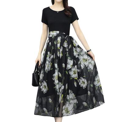 Maxi Dress with Lined Floral Chiffon Panel Crew Neck Long Dress with Cute Slimming Suitable for Casual Autumn [DayaEmmoTQ] Women's Short-Sleeved