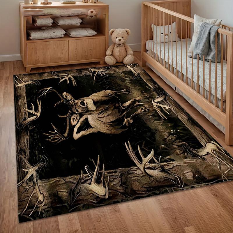 Retro Deer Pattern Rug Dark Color Stain-resistant Non-slip for Yoga Living Room Kid's Crawling Mat Bathroom Absorbent Carpet