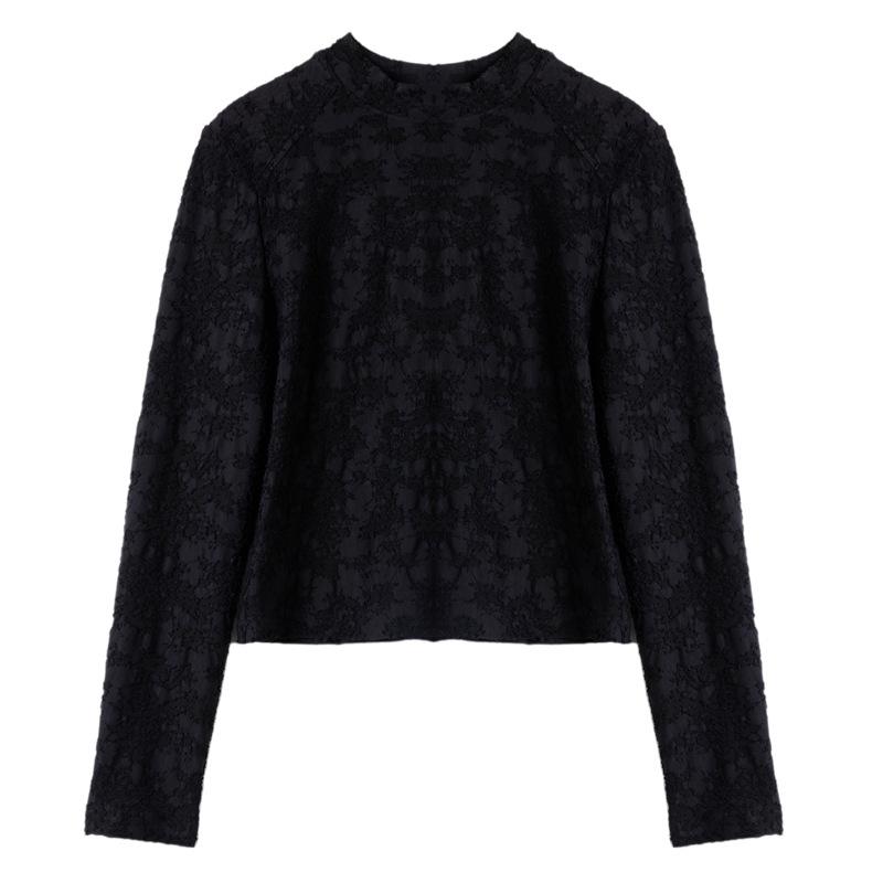 Spring 2026 Chinese-Style Lace Jacquard High Neck Knit Pullover T-Shirt Large чёрный